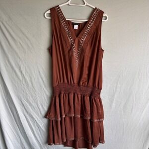 Venus Drop Waist Studded V-Neck Boho Tiered Ruffle Mini Dress Womens L